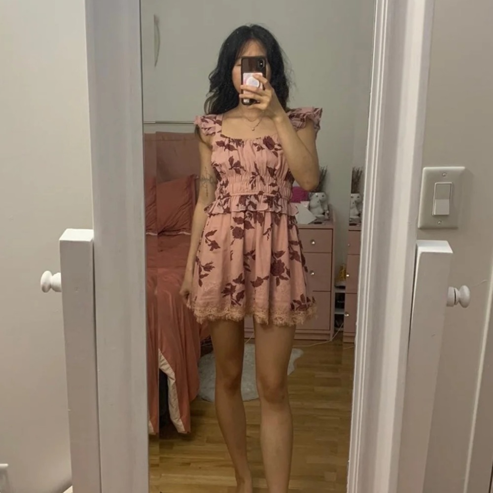 Cleobella pink floral ruffle sleeveless lace dress